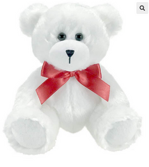 white plush bear with red ribbon