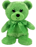 Green teddy bear with a bow on a white background