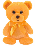 Orange teddy bear with a yellow bow tie on a white background