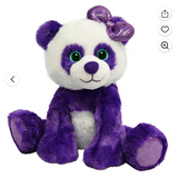 Purple and white teddy bear with a bow on a white background