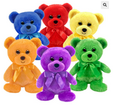 colorful teddy bears in blue, red, yellow, orange, purple, and green on a white background.